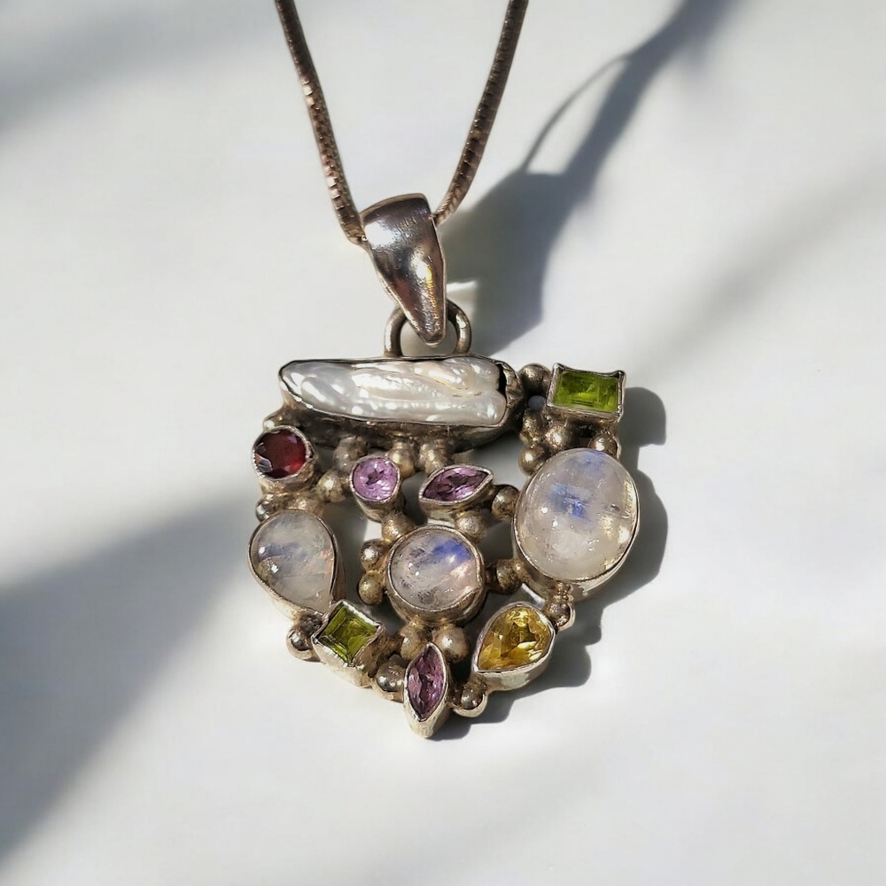 Abstract Silver & Mixed Gemstone Vintage Pendant